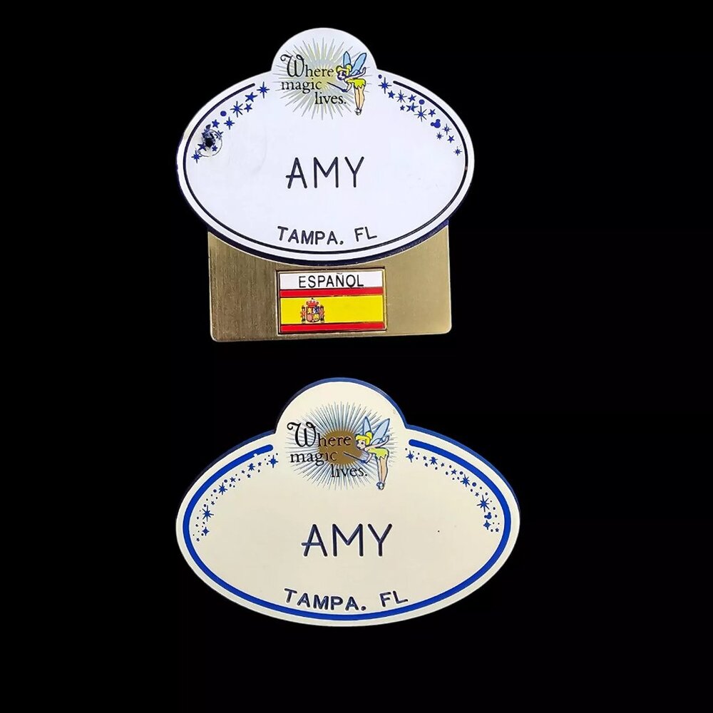 BUNDLE Tinkerbell Walt Disney World Cast Member Name Tag Pin AMY Tampa Espanol